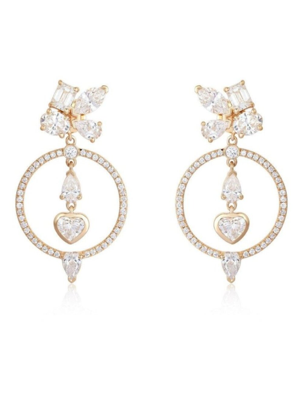 Multi Shape Diamond 14K (or 18k upon request) Yellow Gold Heart Circle Earrings